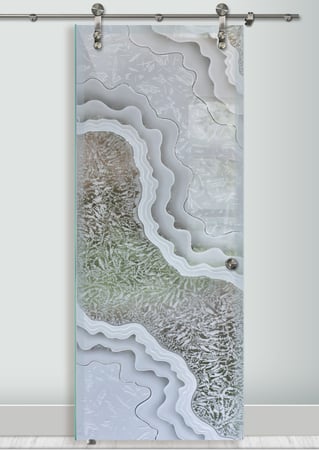 Glass Barn Door with a Frosted Glass Metamorphosis II Abstract Design for Semi-Private by Sans Soucie Art Glass