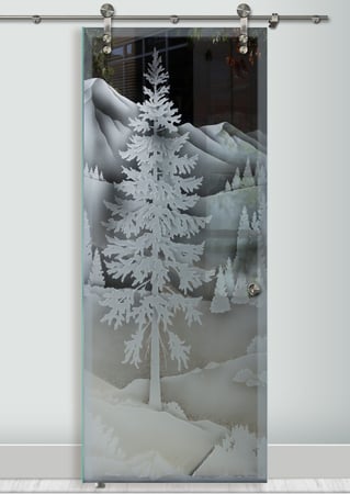 Glass Barn Door featuring a Frosted Glass Trees Design Sandblast Etched Glass Oregon Clear Skies Design by Sans Soucie