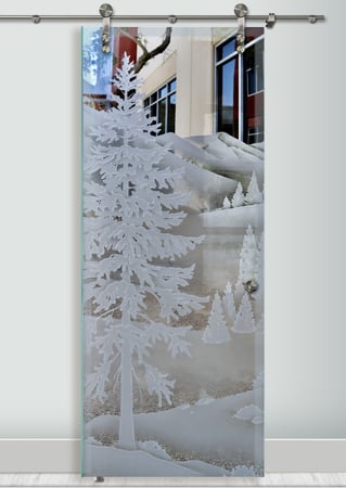 Glass Barn Door with a Frosted Glass Oregon Clear Skies II Trees Design for Semi-Private by Sans Soucie Art Glass