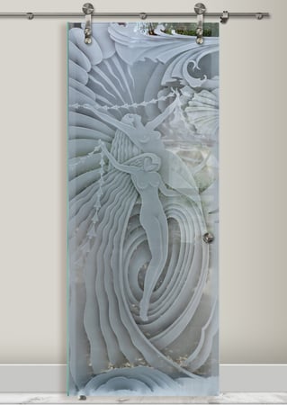 Glass Barn Door with sandblast Frosted Glass Design Art Glass Featuring Sandblast Etched Glass by Sans Soucie