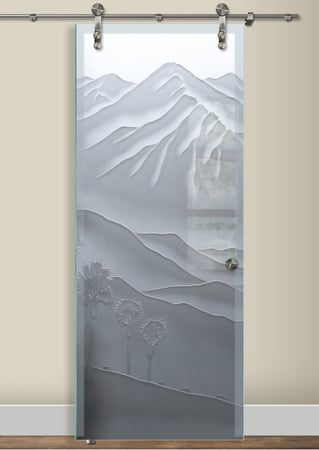 Glass Barn Door featuring Frosted Glass Design Etched Glass by Sans Soucie Art Glass with Custom Desert Design San Jacinto Mountains