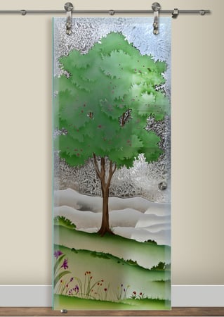 Glass Barn Door showcasing a Frosted Glass Trees Design with Sandblast Etched Glass Art by Sans Soucie Seasons Spring Design