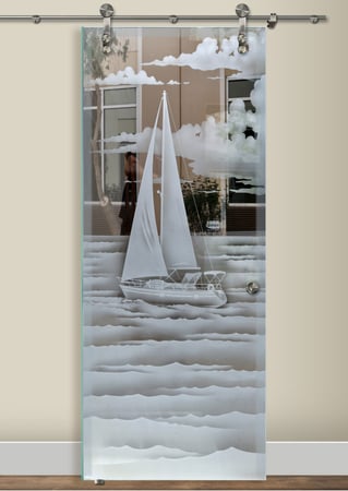 Glass Barn Door featuring a Frosted Glass Oceanic Design Sandblast Etched Glass Setting Sail Design by Sans Soucie