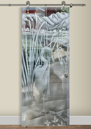 Glass Barn Door featuring a Frosted Glass Wildlife Design Sandblast Etched Glass Shy Egret Design by Sans Soucie