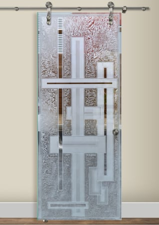 Glass Barn Door showcasing a Frosted Glass Geometric Design with Sandblast Etched Glass Art by Sans Soucie Stacked Bands Design