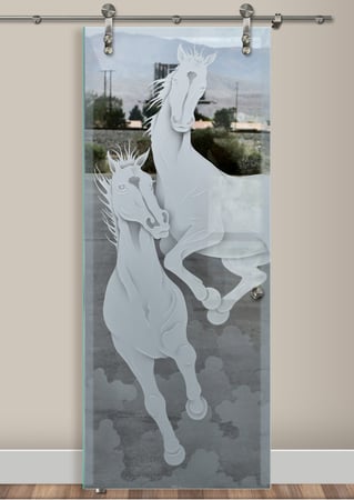 Glass Barn Door featuring Frosted Glass Design Etched Glass by Sans Soucie Art Glass with Custom Western Design Stallions