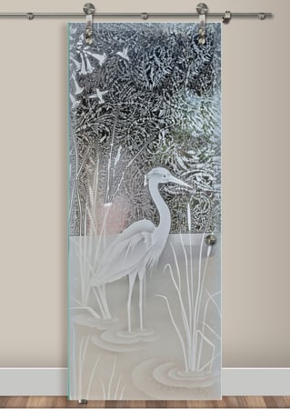 Glass Barn Door with Frosted Glass Wildlife Standing Egret Design by Sans Soucie
