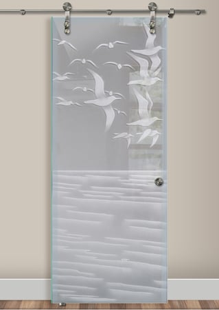 Glass Barn Door showcasing a Frosted Glass Oceanic Design with Sandblast Etched Glass Art by Sans Soucie Swallows Design