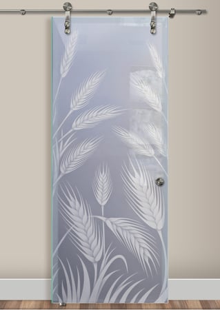 Glass Barn Door showcasing a Frosted Glass Foliage Design with Sandblast Etched Glass Art by Sans Soucie Wheat  Design