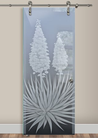 Glass Barn Door with a Frosted Glass Yucca Foliage Design for Private by Sans Soucie Art Glass