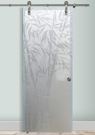 Glass Barn Door showcasing a Frosted Glass Asian Design with Sandblast Etched Glass Art by Sans Soucie Bamboo Shoots III Design