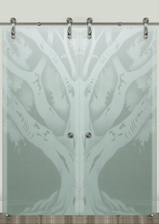 Glass Barn Door showcasing a Frosted Glass Trees Design with Sandblast Etched Glass Art by Sans Soucie Oak Tree II Design