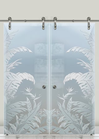 Glass Barn Door with a sandblast Frosted Glass Tropical Design Custom-Designed Decorative Etched Glass
