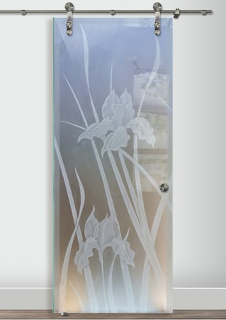 Glass Barn Door featuring a Frosted Glass Floral Design Sandblast Etched Glass Iris Hummingbird Design by Sans Soucie