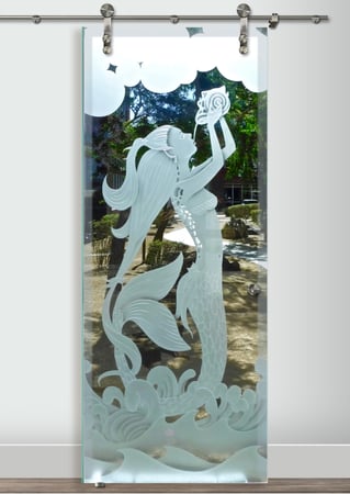 Glass Barn Door with Frosted Glass Oceanic Mermaid Design by Sans Soucie