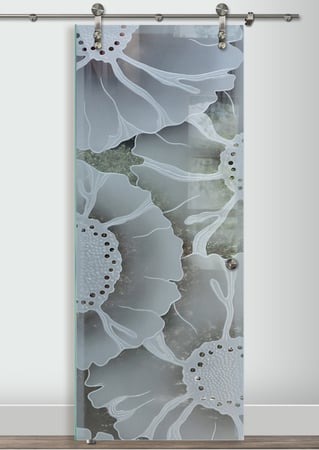 Glass Barn Door with a Frosted Glass OKeefe Floral Design for Semi-Private by Sans Soucie Art Glass