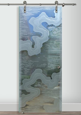 Glass Barn Door with a Frosted Glass Streams Abstract Design for Private by Sans Soucie Art Glass