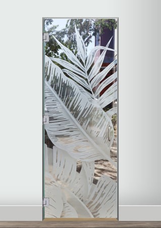 Shower Door with a Frosted Glass Bahama Leaves III Tropical Design for Semi-Private by Sans Soucie Art Glass