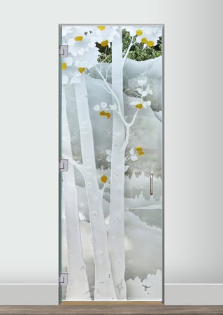 Shower Door featuring a Frosted Glass Trees Design Sandblast Etched Glass Birch in the Rockies Design by Sans Soucie