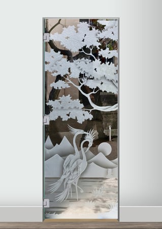 Interior Glass Door with a Frosted Glass Bonsai Cranes & Cattails Asian Design for Semi-Private by Sans Soucie Art Glass