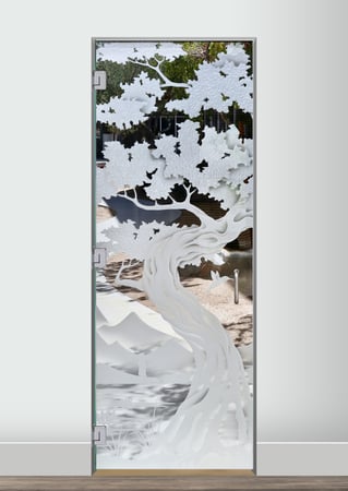 Interior Glass Door featuring Frosted Glass Design Etched Glass by Sans Soucie Art Glass with Custom Asian Design Bonsai Hummingbird