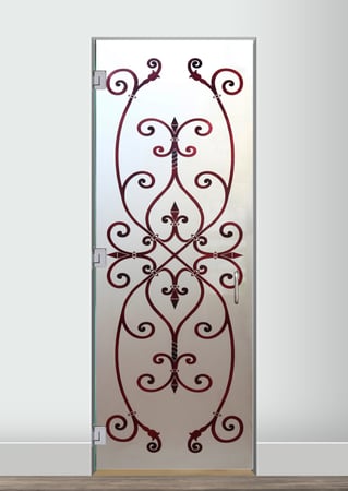 Interior Glass Door showcasing a Frosted Glass Wrought Iron Design with Sandblast Etched Glass Art by Sans Soucie Corazones Burgundy Design