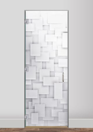 Interior Glass Door showcasing a Frosted Glass Geometric Design with Sandblast Etched Glass Art by Sans Soucie Cubes Design