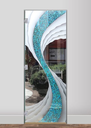 Shower Door with Frosted Glass Abstract Cyclone Blue Design by Sans Soucie
