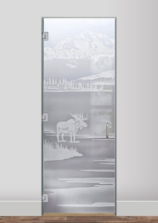 Interior Glass Door featuring a Frosted Glass Wildlife Design Sandblast Etched Glass Denali Moose Design by Sans Soucie