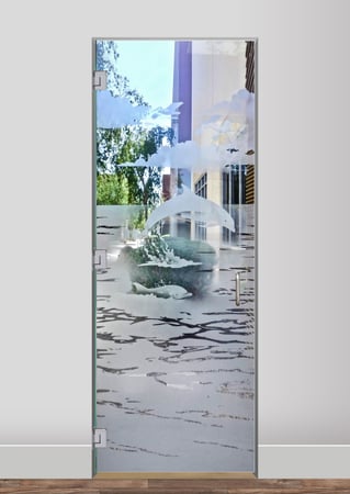Shower Door featuring Frosted Glass Design Etched Glass by Sans Soucie Art Glass with Custom Oceanic Design Dolphins in the Shimmer