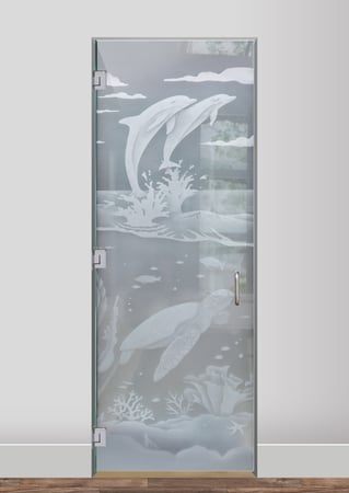Interior Glass Door with a Frosted Glass Dolphins Leaping & Sea Turtle Oceanic Design for Private by Sans Soucie Art Glass