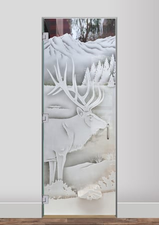 Interior Glass Door featuring Frosted Glass Design Etched Glass by Sans Soucie Art Glass with Custom Wildlife Design Elk