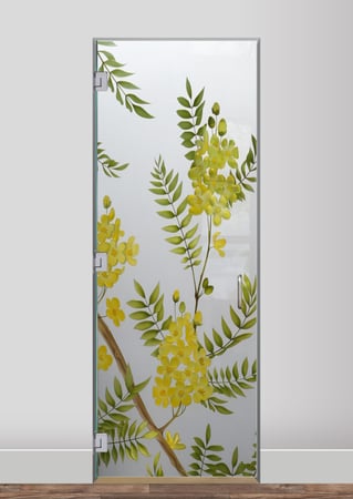 Interior Glass Door featuring Frosted Glass Design Etched Glass by Sans Soucie Art Glass with Custom Floral Design Gold Medallion