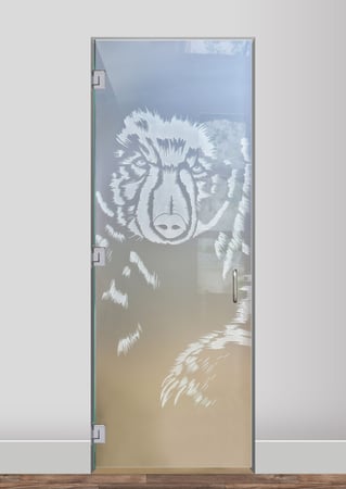 Interior Glass Door showcasing a Frosted Glass Wildlife Design with Sandblast Etched Glass Art by Sans Soucie Grizzly Design