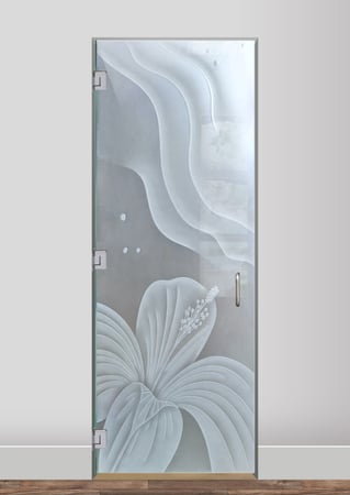 Shower Door showcasing a Frosted Glass Tropical Design with Sandblast Etched Glass Art by Sans Soucie Hibiscus Ripples Design