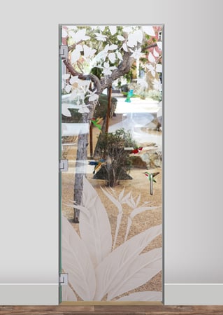 Shower Door with a sandblast Frosted Glass Tropical Design Custom-Designed Decorative Etched Glass