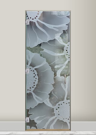 Shower Door with a Frosted Glass OKeefe Floral Design for Semi-Private by Sans Soucie Art Glass