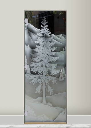 Shower Door featuring a Frosted Glass Trees Design Sandblast Etched Glass Oregon Clear Skies Design by Sans Soucie