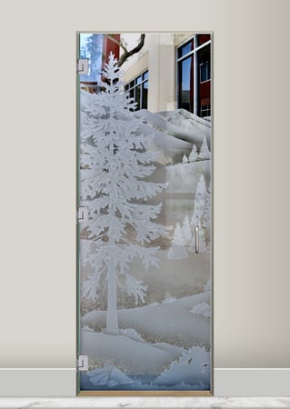 Shower Door with a Frosted Glass Oregon Clear Skies II Trees Design for Semi-Private by Sans Soucie Art Glass