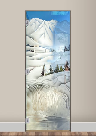 Interior Glass Door featuring a Frosted Glass Landscapes Design Sandblast Etched Glass Pine Falls Design by Sans Soucie