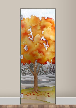 Interior Glass Door with a sandblast Frosted Glass Trees Design Custom-Designed Decorative Etched Glass