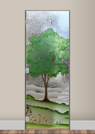 Interior Glass Door showcasing a Frosted Glass Trees Design with Sandblast Etched Glass Art by Sans Soucie Seasons Spring Design