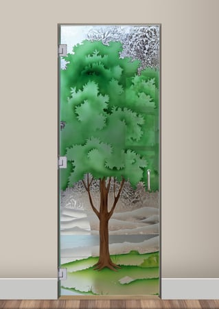 Interior Glass Door featuring a Frosted Glass Trees Design Sandblast Etched Glass Seasons Summer Design by Sans Soucie