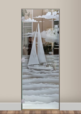 Shower Door featuring a Frosted Glass Oceanic Design Sandblast Etched Glass Setting Sail Design by Sans Soucie