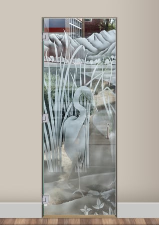Interior Glass Door featuring a Frosted Glass Wildlife Design Sandblast Etched Glass Shy Egret Design by Sans Soucie