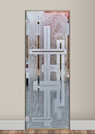 Interior Glass Door showcasing a Frosted Glass Geometric Design with Sandblast Etched Glass Art by Sans Soucie Stacked Bands Design