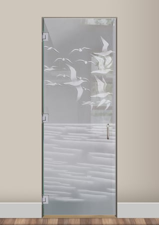 Interior Glass Door showcasing a Frosted Glass Oceanic Design with Sandblast Etched Glass Art by Sans Soucie Swallows Design