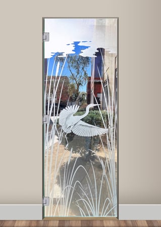 Interior Glass Door showcasing a Frosted Glass Wildlife Design with Sandblast Etched Glass Art by Sans Soucie Swooping Egret Design
