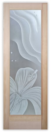 Pantry Door showcasing a Frosted Glass Tropical Design with Sandblast Etched Glass Art by Sans Soucie Hibiscus Ripples Design