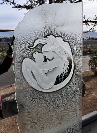 Partition featuring a Frosted Glass Oceanic Design Sandblast Etched Glass Mermaid and Child Design by Sans Soucie